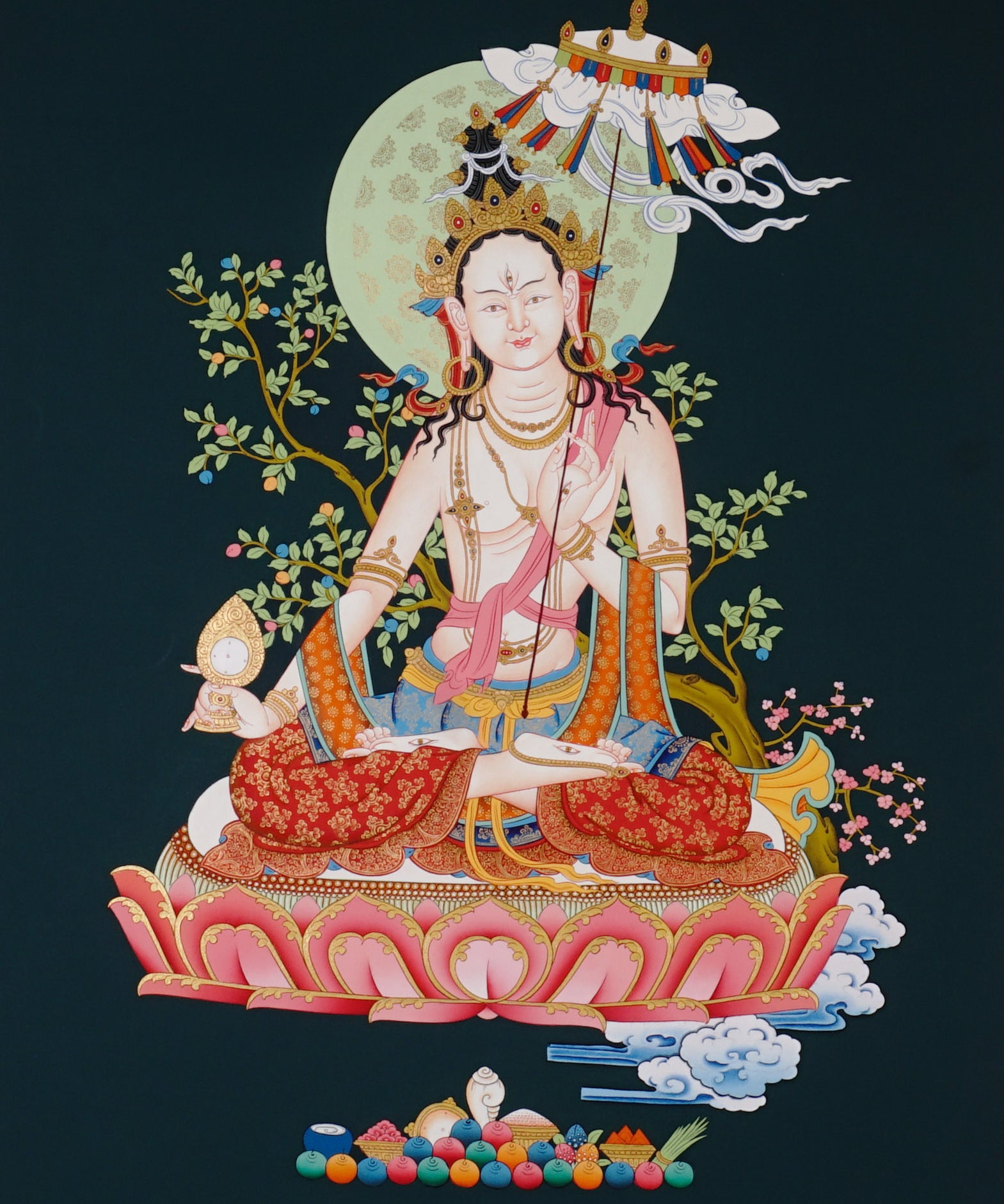 Dukkar thangka painting White Umbrella Goddess Tibetan protective deity with multiple arms seated on lotus