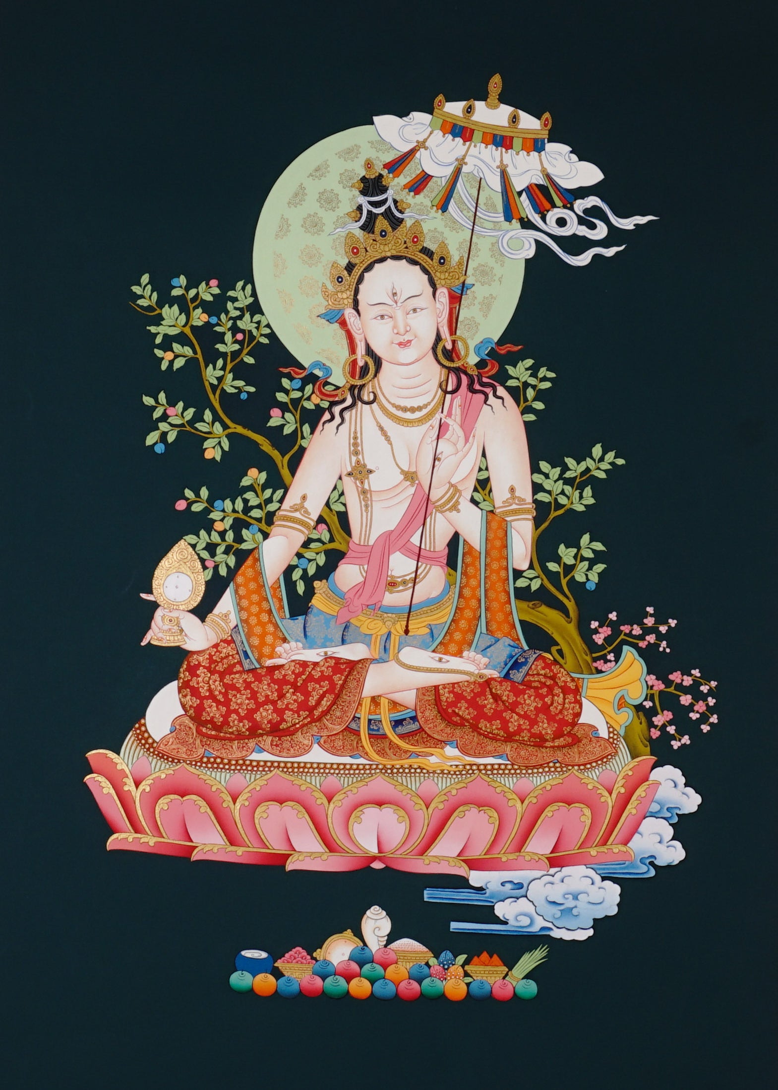 Dukkar thangka painting White Umbrella Goddess Tibetan protective deity with multiple arms seated on lotus
