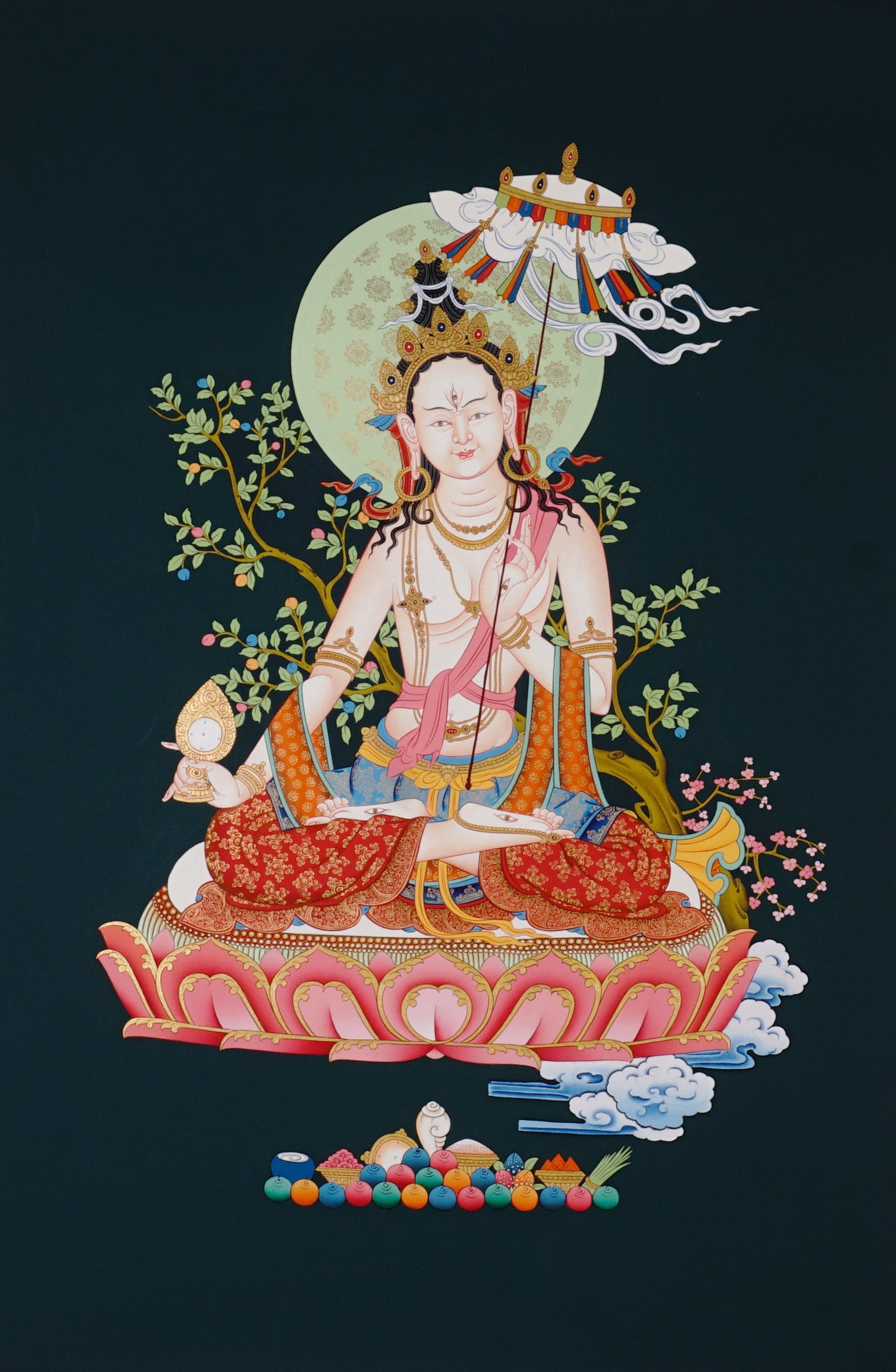 Dukkar thangka painting White Umbrella Goddess Tibetan protective deity with multiple arms seated on lotus