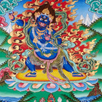 Vajrapani Thangka painting with flame halo, lotus base, sacred landscape, and Tibetan Buddhist protector symbolism.