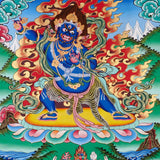 Vajrapani Thangka painting with flame halo, lotus base, sacred landscape, and Tibetan Buddhist protector symbolism.