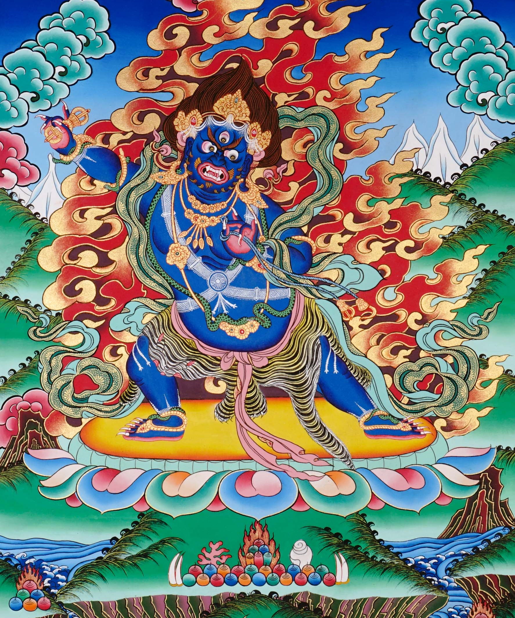Vajrapani Thangka painting with flame halo, lotus base, sacred landscape, and Tibetan Buddhist protector symbolism.