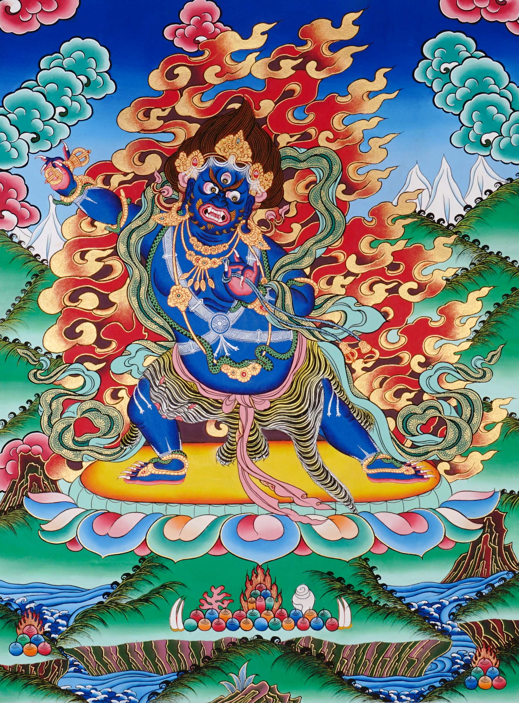 Vajrapani Thangka painting with flame halo, lotus base, sacred landscape, and Tibetan Buddhist protector symbolism.
