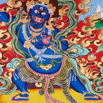 Vajrapani Thangka painting with flame halo, lotus base, sacred landscape, and Tibetan Buddhist protector symbolism.