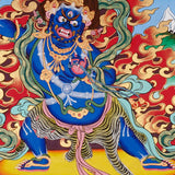 Vajrapani Thangka painting with flame halo, lotus base, sacred landscape, and Tibetan Buddhist protector symbolism.