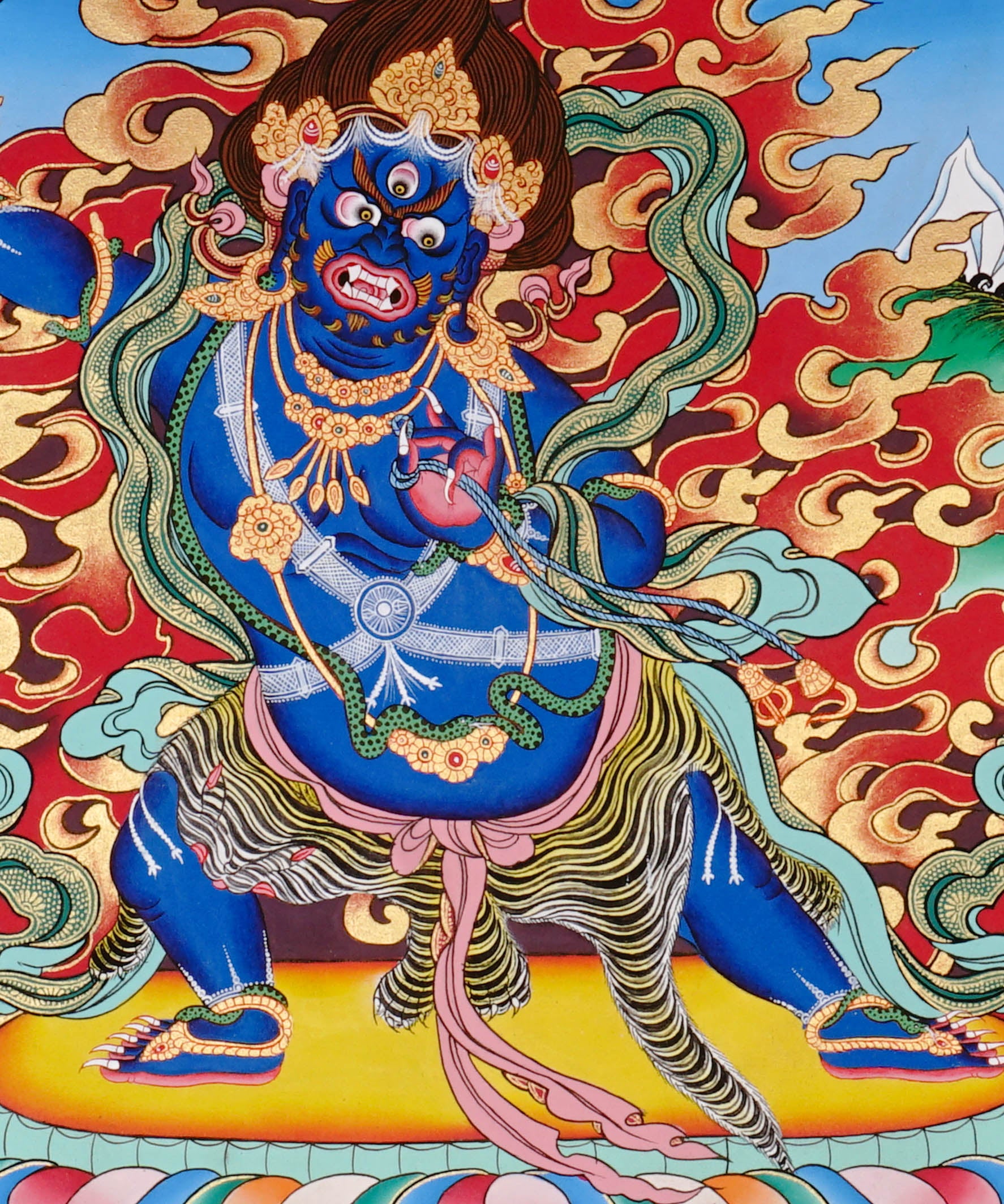 Vajrapani Thangka painting with flame halo, lotus base, sacred landscape, and Tibetan Buddhist protector symbolism.