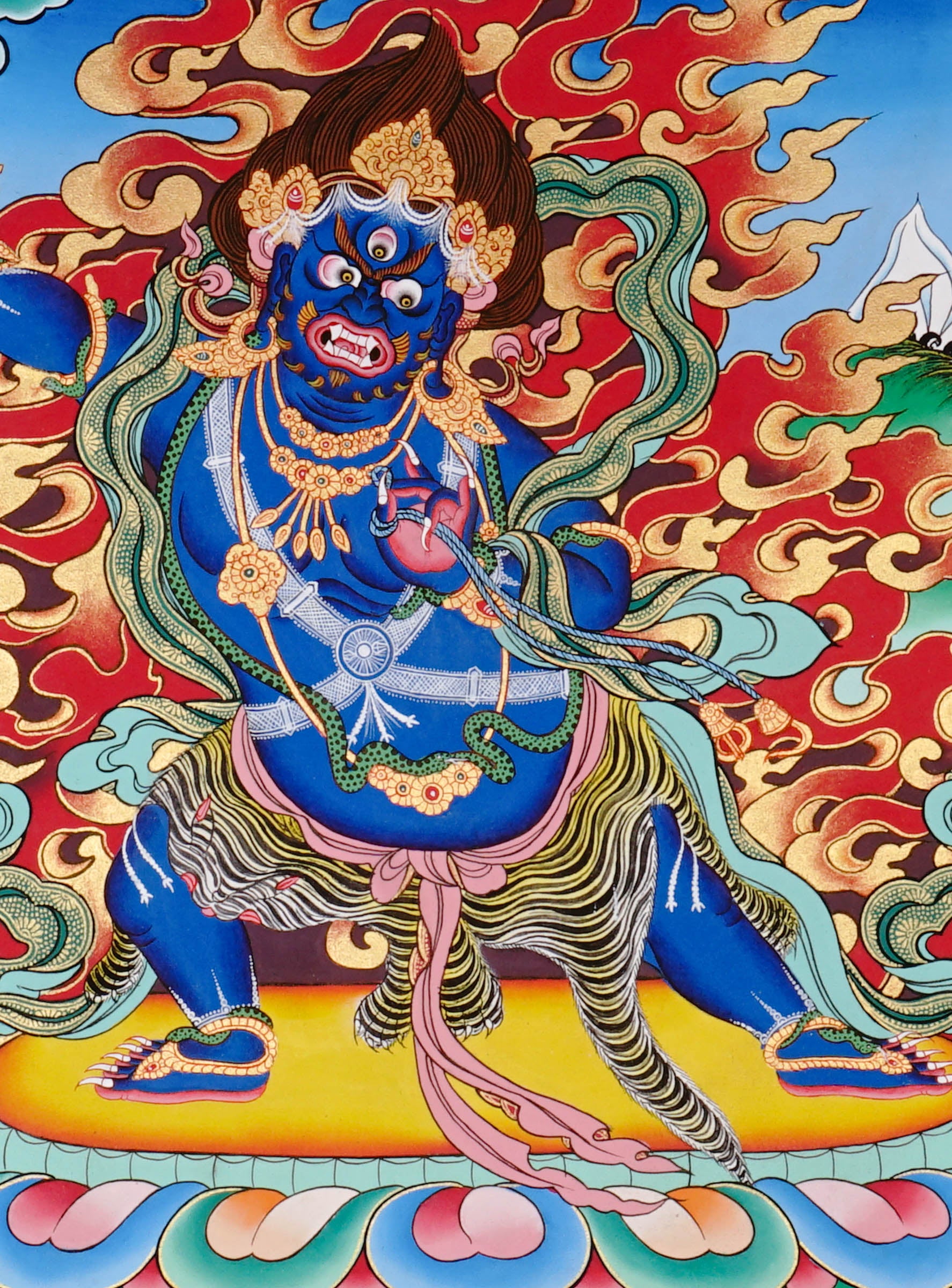 Vajrapani Thangka painting with flame halo, lotus base, sacred landscape, and Tibetan Buddhist protector symbolism.
