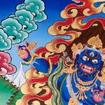 Vajrapani Thangka painting with flame halo, lotus base, sacred landscape, and Tibetan Buddhist protector symbolism.