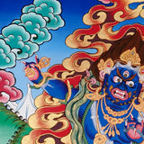 Vajrapani Thangka painting with flame halo, lotus base, sacred landscape, and Tibetan Buddhist protector symbolism.