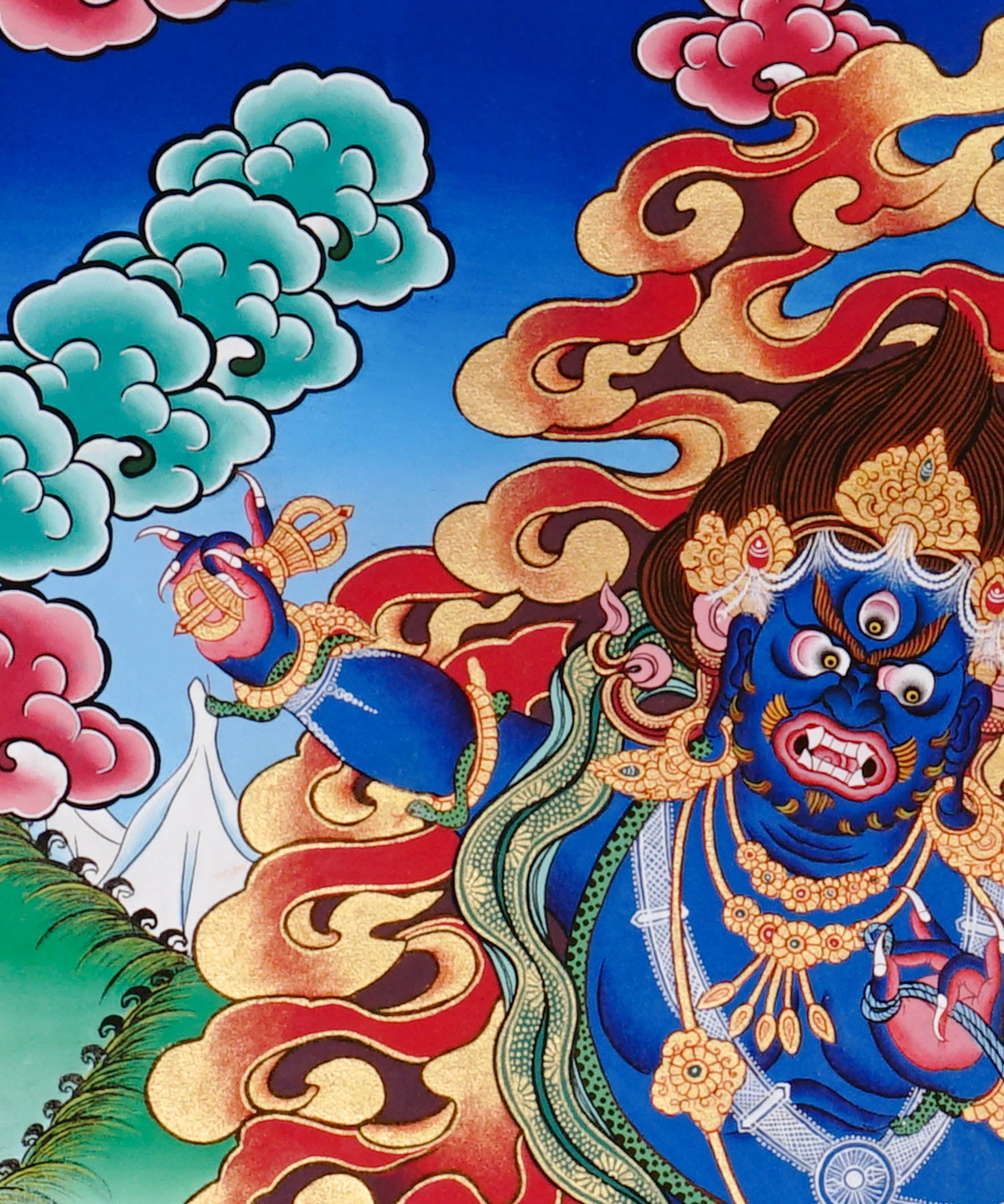 Vajrapani Thangka painting with flame halo, lotus base, sacred landscape, and Tibetan Buddhist protector symbolism.