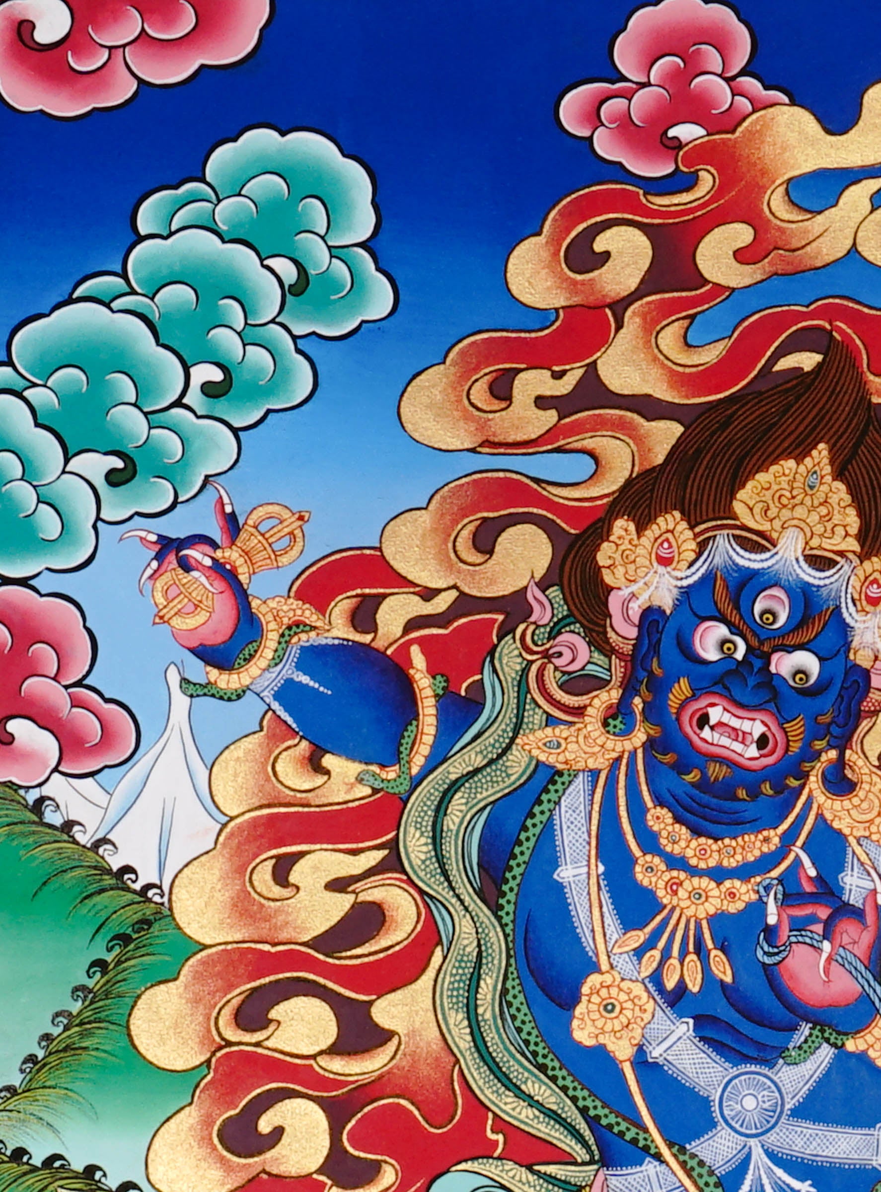Vajrapani Thangka painting with flame halo, lotus base, sacred landscape, and Tibetan Buddhist protector symbolism.