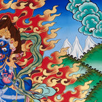 Vajrapani Thangka painting with flame halo, lotus base, sacred landscape, and Tibetan Buddhist protector symbolism.