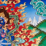 Vajrapani Thangka painting with flame halo, lotus base, sacred landscape, and Tibetan Buddhist protector symbolism.