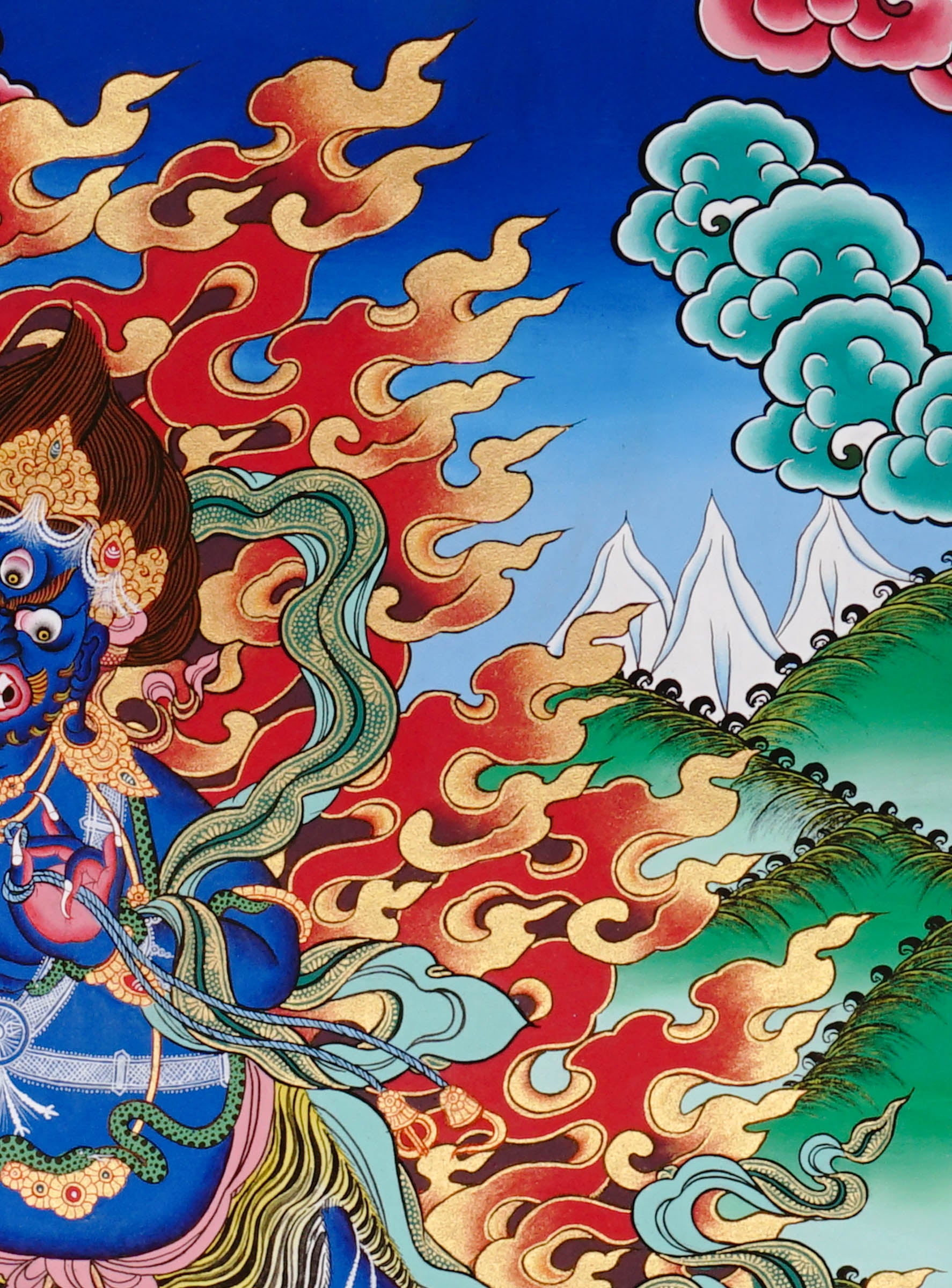 Vajrapani Thangka painting with flame halo, lotus base, sacred landscape, and Tibetan Buddhist protector symbolism.