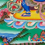 Vajrapani Thangka painting with flame halo, lotus base, sacred landscape, and Tibetan Buddhist protector symbolism.