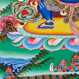 Vajrapani Thangka painting with flame halo, lotus base, sacred landscape, and Tibetan Buddhist protector symbolism.