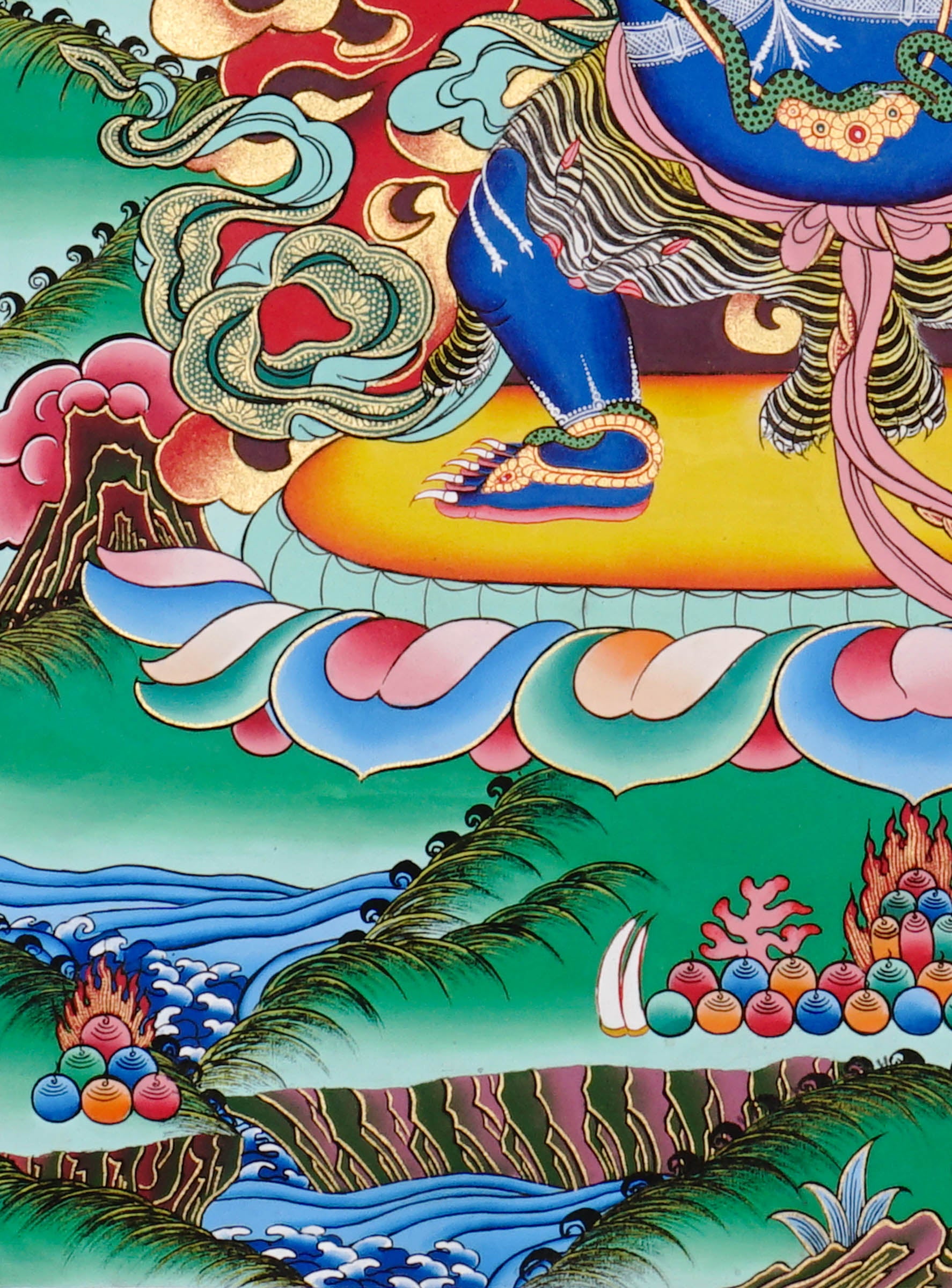 Vajrapani Thangka painting with flame halo, lotus base, sacred landscape, and Tibetan Buddhist protector symbolism.
