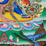 Vajrapani Thangka painting with flame halo, lotus base, sacred landscape, and Tibetan Buddhist protector symbolism.