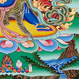 Vajrapani Thangka painting with flame halo, lotus base, sacred landscape, and Tibetan Buddhist protector symbolism.