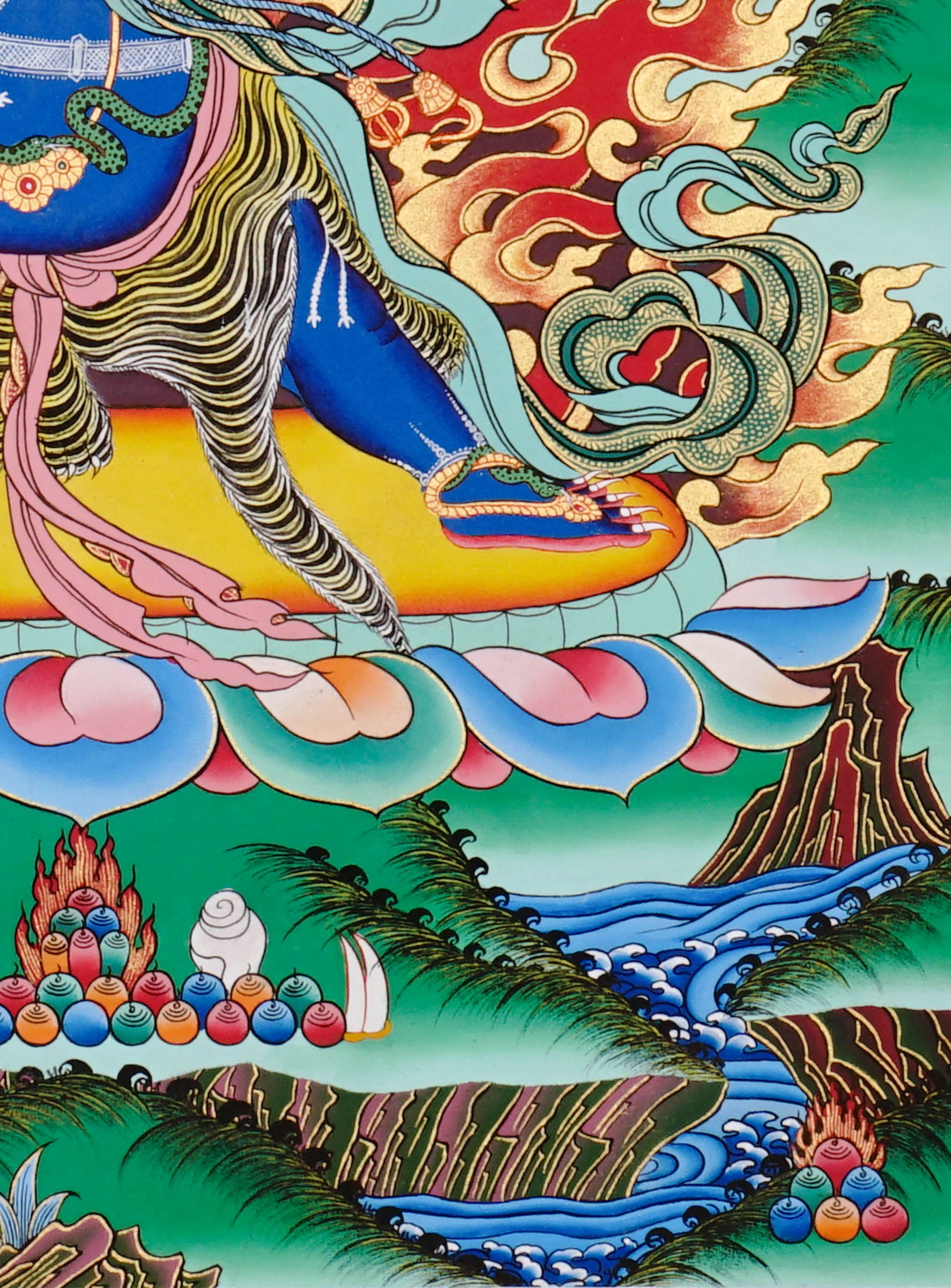 Vajrapani Thangka painting with flame halo, lotus base, sacred landscape, and Tibetan Buddhist protector symbolism.