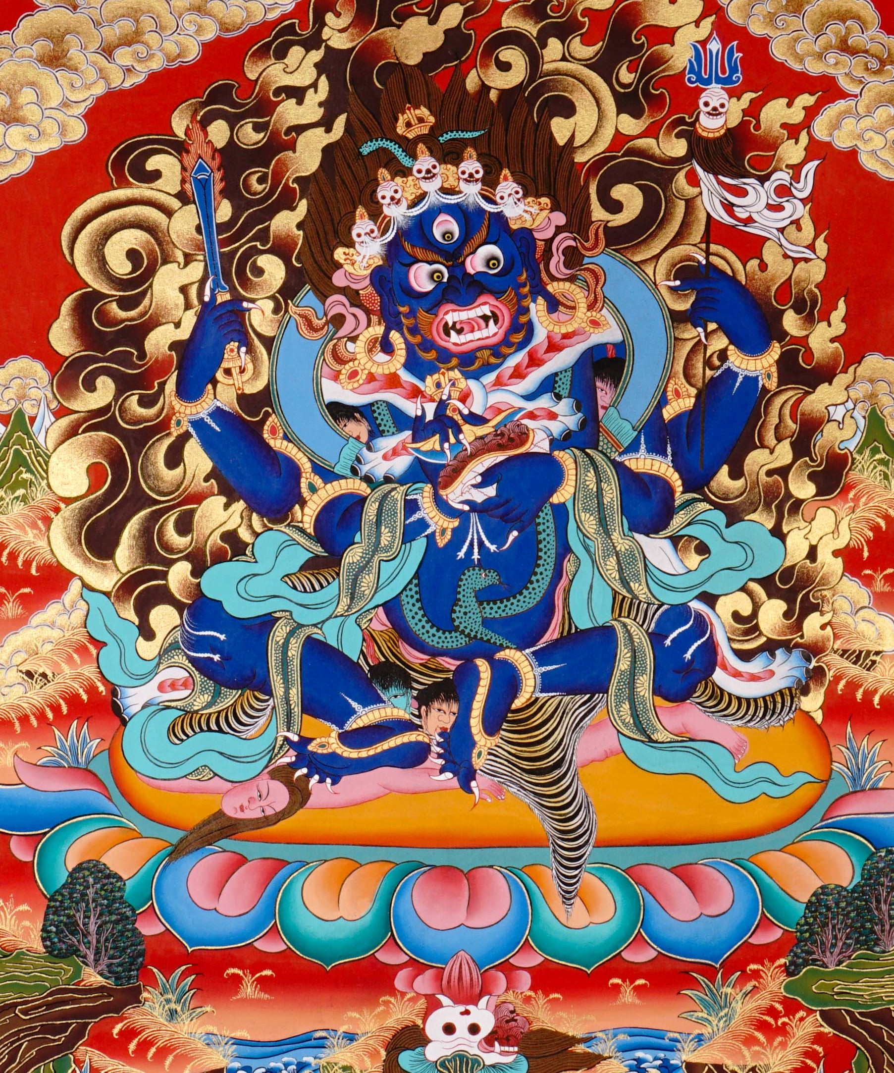 Mahakala Thangka painting with flame halo, lotus base, multiple arms, skull ornaments, and Tibetan Buddhist protector symbolism