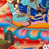 Mahakala Thangka painting with flame halo, lotus base, multiple arms, skull ornaments, and Tibetan Buddhist protector symbolism