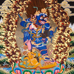 Black Zambala Thangka painting with flame halo, lotus throne, protector deity symbolism,