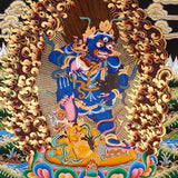 Black Zambala Thangka painting with flame halo, lotus throne, protector deity symbolism,