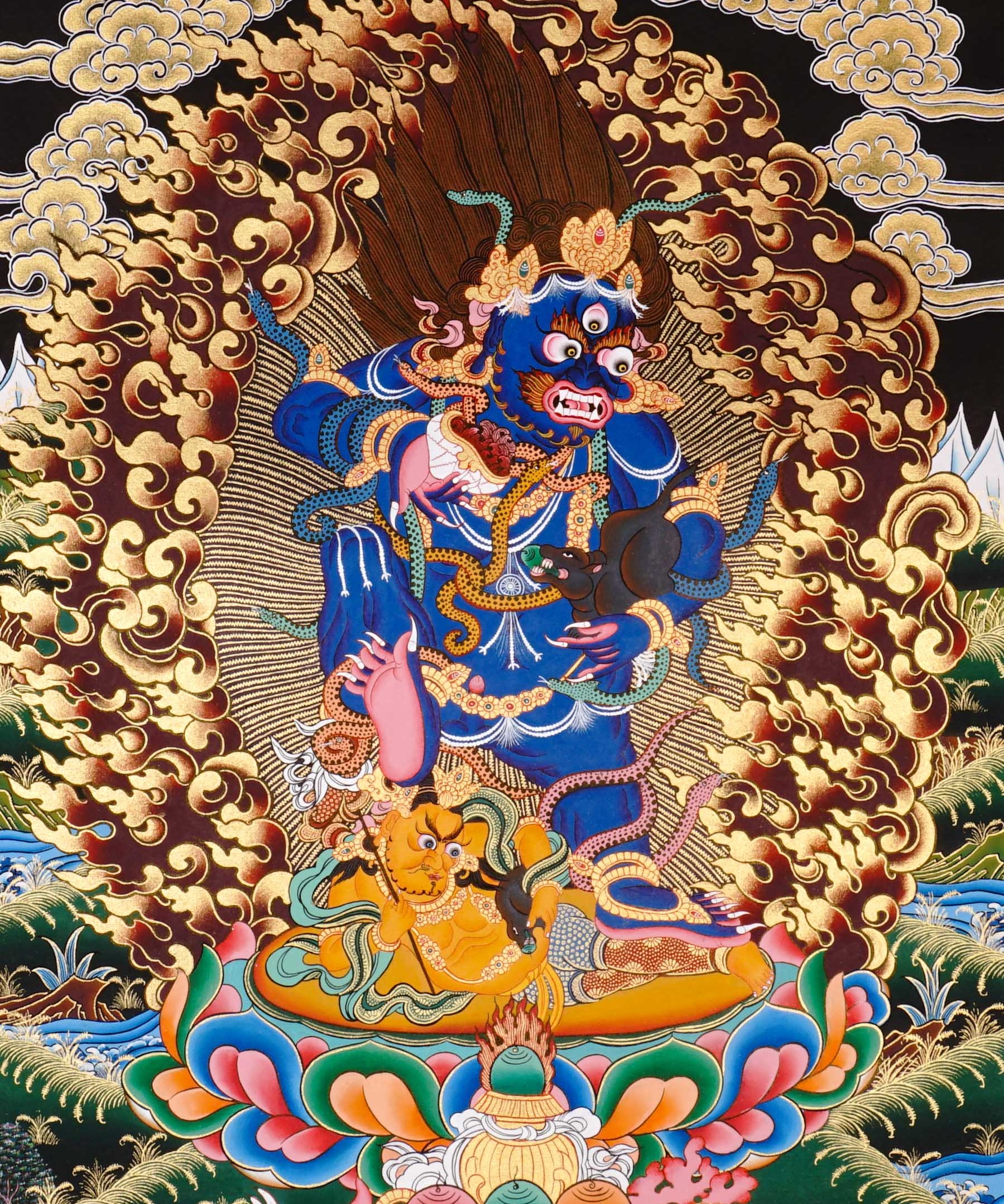 Black Zambala Thangka painting with flame halo, lotus throne, protector deity symbolism,