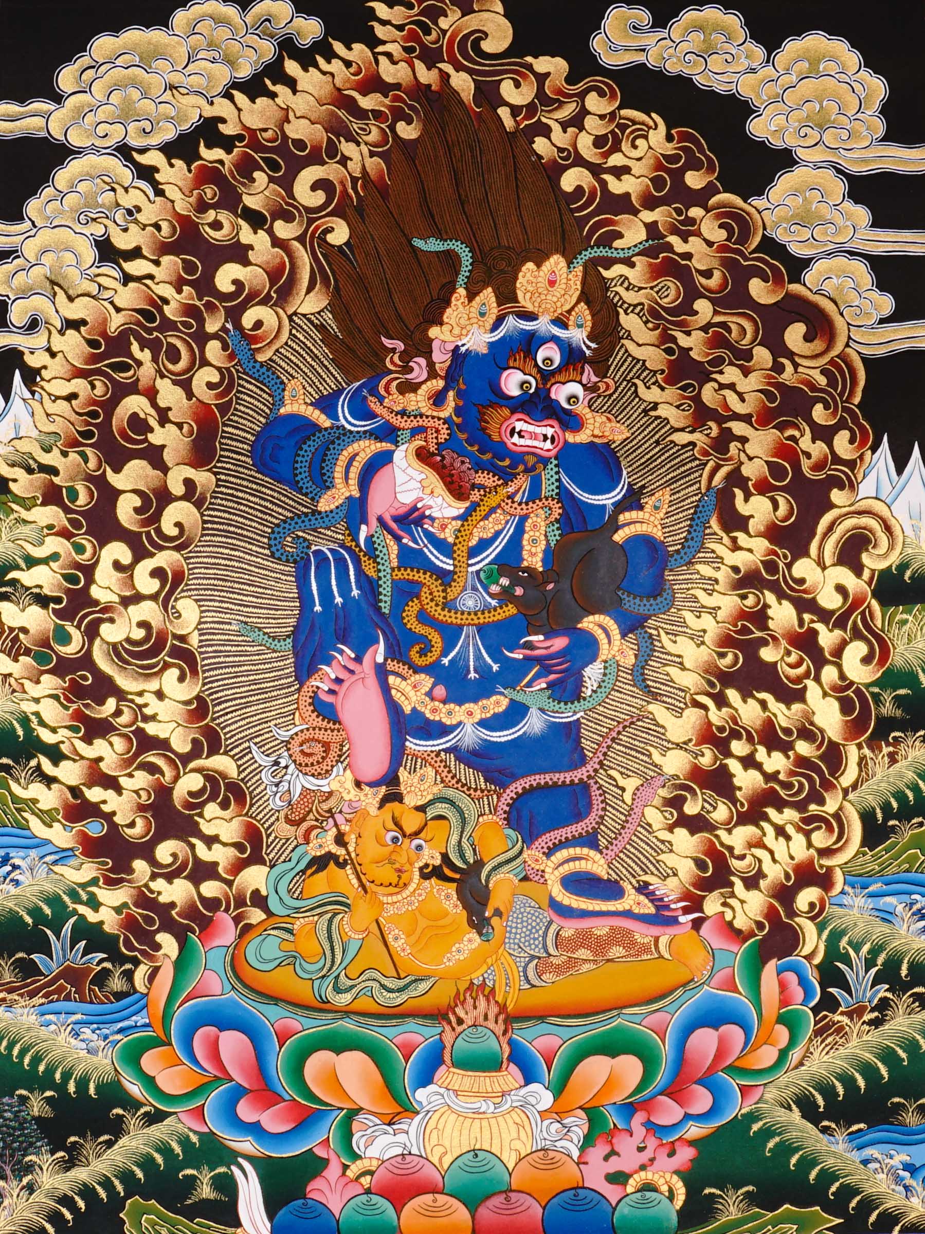Black Zambala Thangka painting with flame halo, lotus throne, protector deity symbolism,
