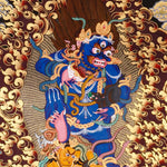 Black Zambala Thangka painting with flame halo, lotus throne, protector deity symbolism,