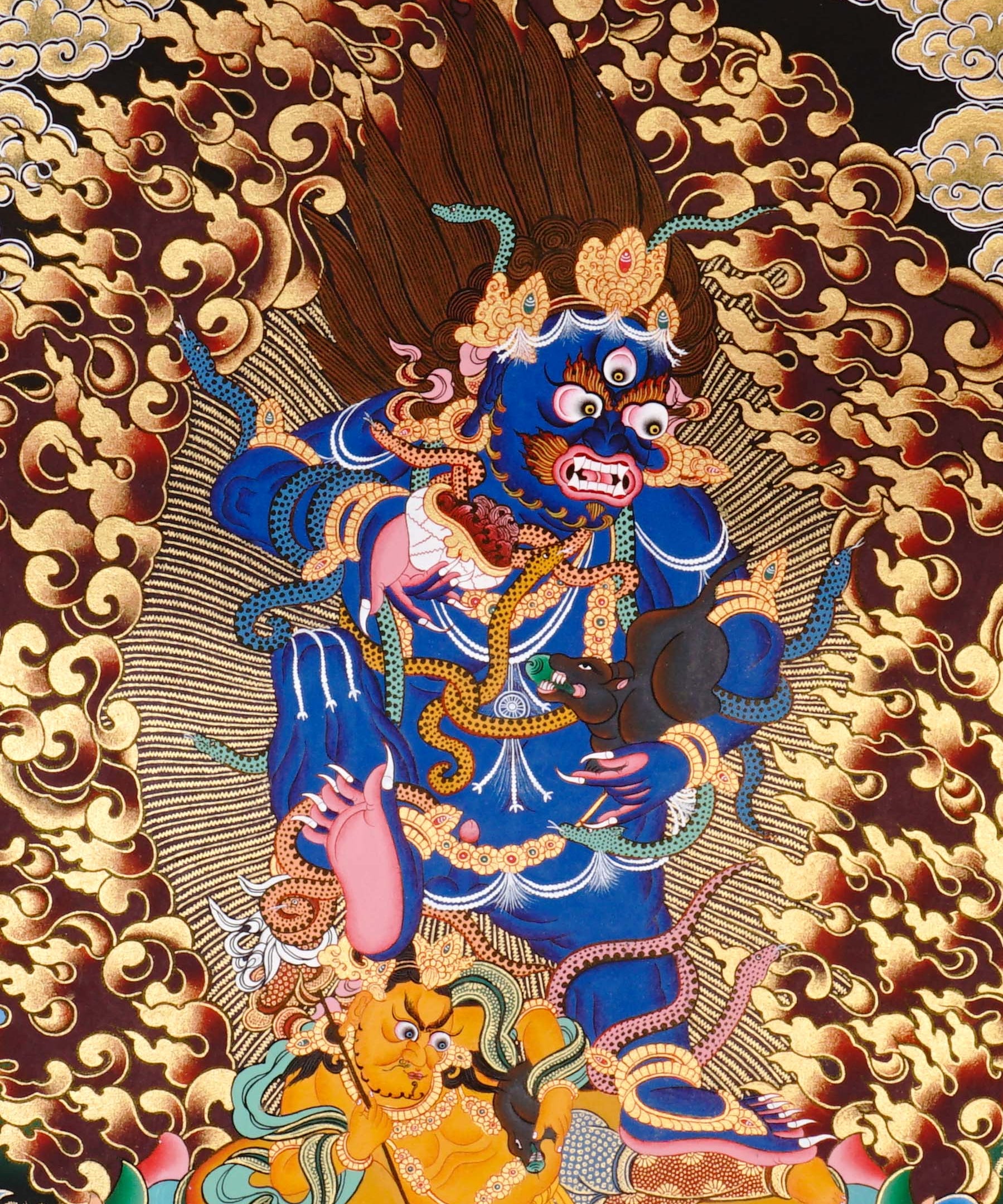 Black Zambala Thangka painting with flame halo, lotus throne, protector deity symbolism,