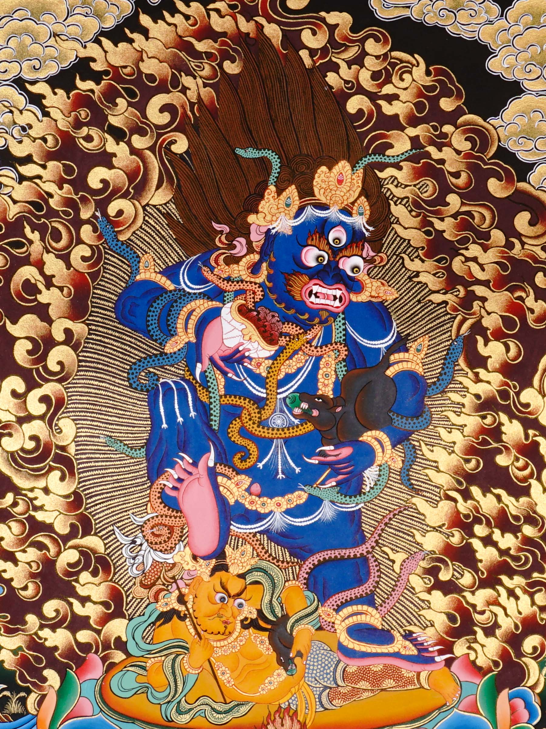 Black Zambala Thangka painting with flame halo, lotus throne, protector deity symbolism,