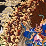 Black Zambala Thangka painting with flame halo, lotus throne, protector deity symbolism,