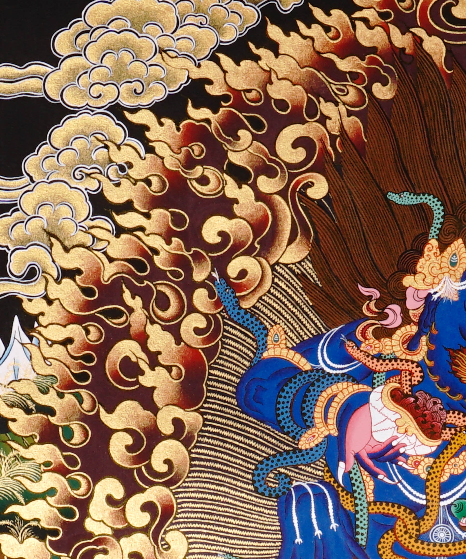 Black Zambala Thangka painting with flame halo, lotus throne, protector deity symbolism,
