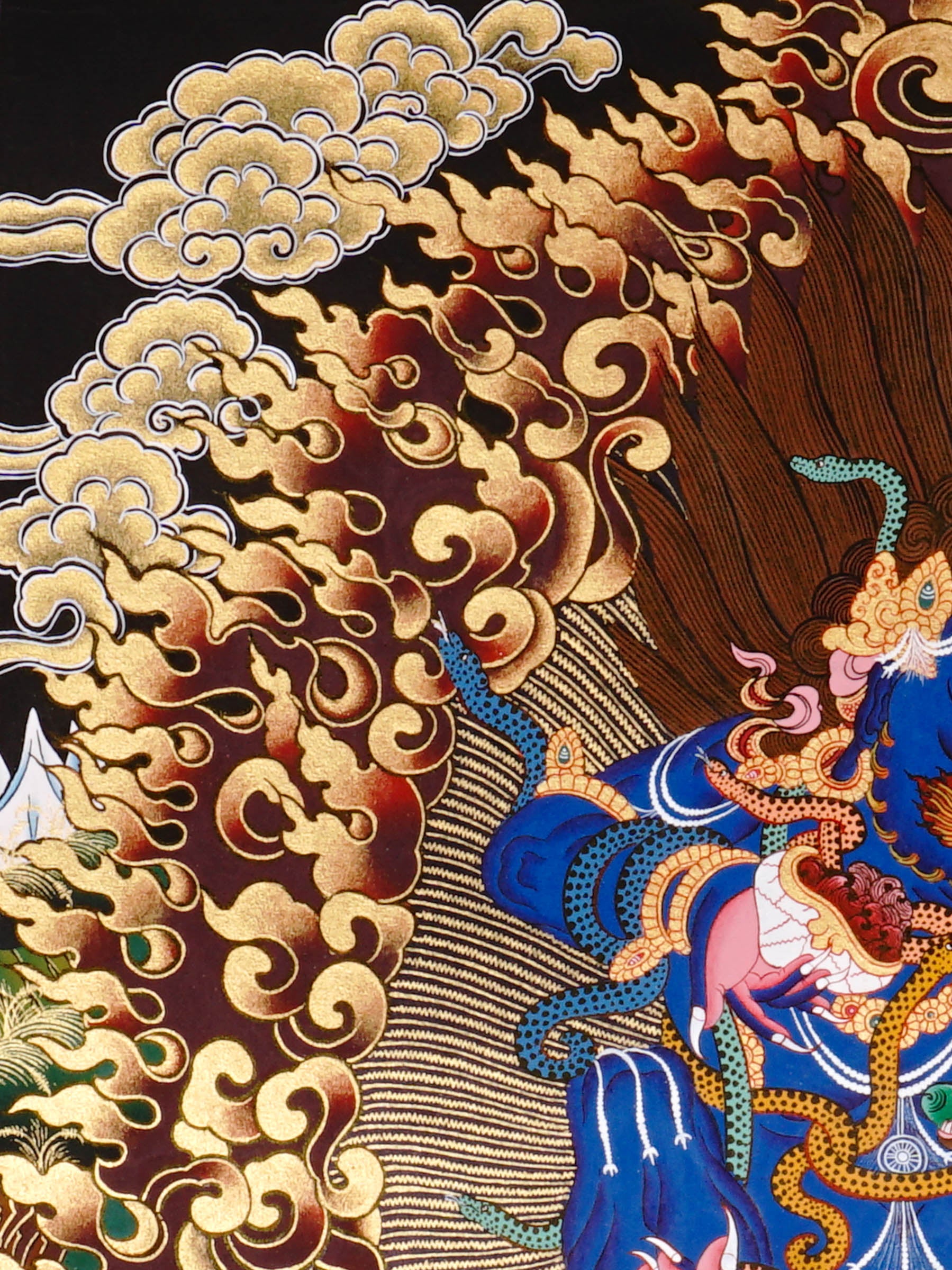 Black Zambala Thangka painting with flame halo, lotus throne, protector deity symbolism,