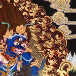 Black Zambala Thangka painting with flame halo, lotus throne, protector deity symbolism,