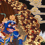 Black Zambala Thangka painting with flame halo, lotus throne, protector deity symbolism,