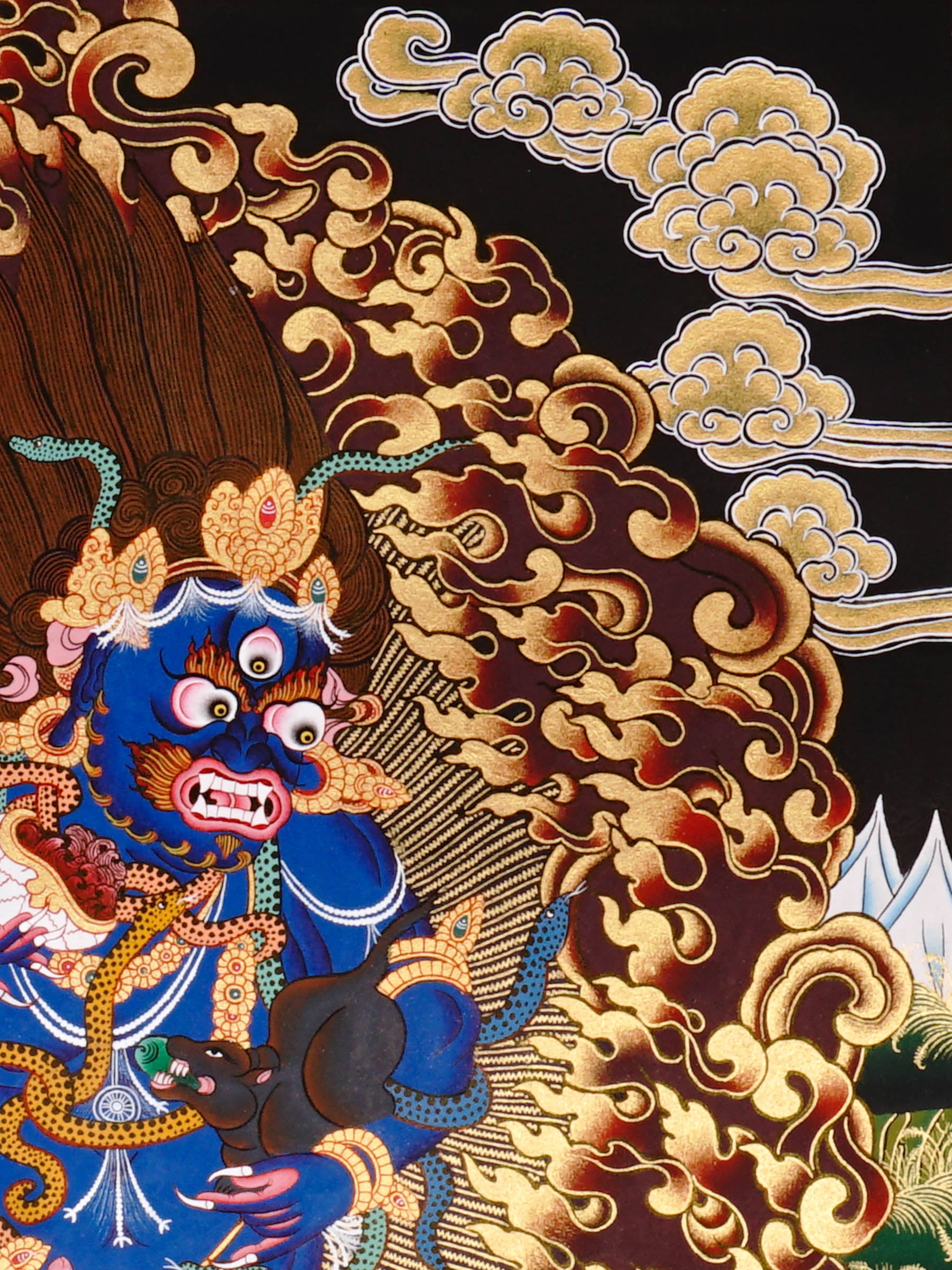 Black Zambala Thangka painting with flame halo, lotus throne, protector deity symbolism,