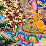 Black Zambala Thangka painting with flame halo, lotus throne, protector deity symbolism,