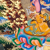 Black Zambala Thangka painting with flame halo, lotus throne, protector deity symbolism,