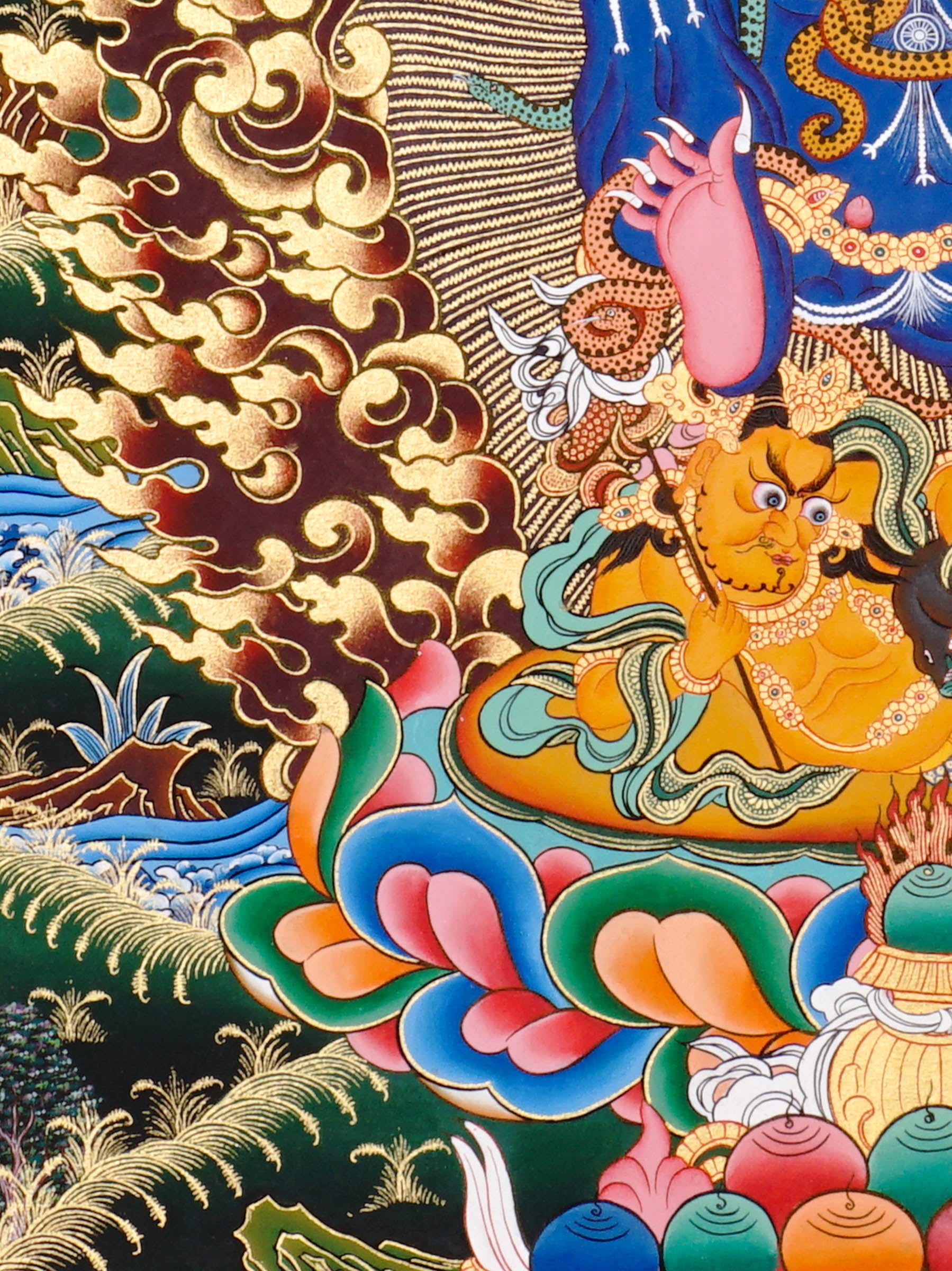 Black Zambala Thangka painting with flame halo, lotus throne, protector deity symbolism,