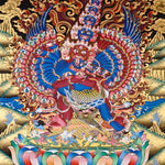 Hand-painted Tibetan Heruka artwork from Nepal with multi-armed deity imagery, flame halo, and traditional Himalayan craftsmanship.