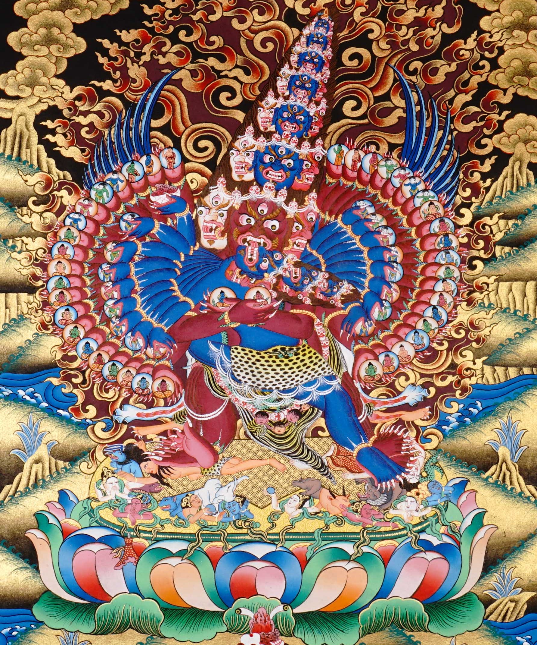 Hand-painted Tibetan Heruka artwork from Nepal with multi-armed deity imagery, flame halo, and traditional Himalayan craftsmanship.