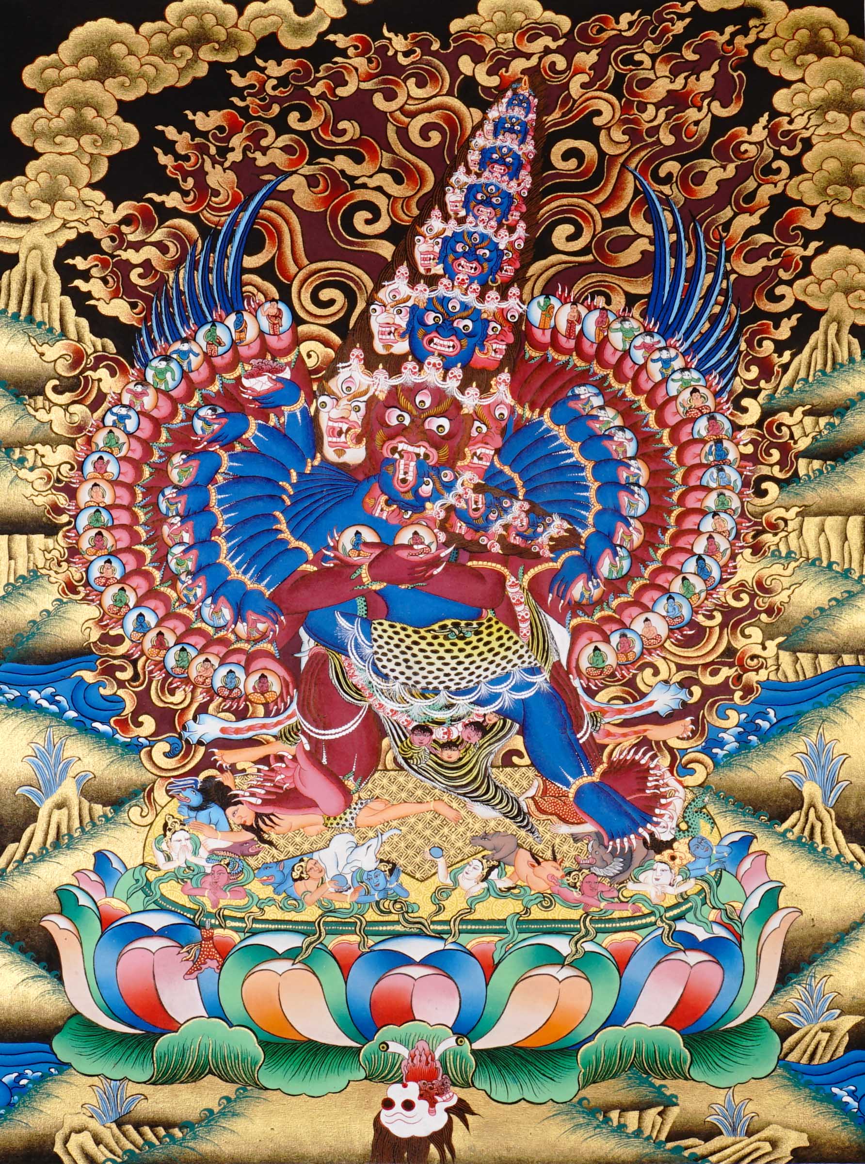 Hand-painted Tibetan Heruka artwork from Nepal with multi-armed deity imagery, flame halo, and traditional Himalayan craftsmanship.