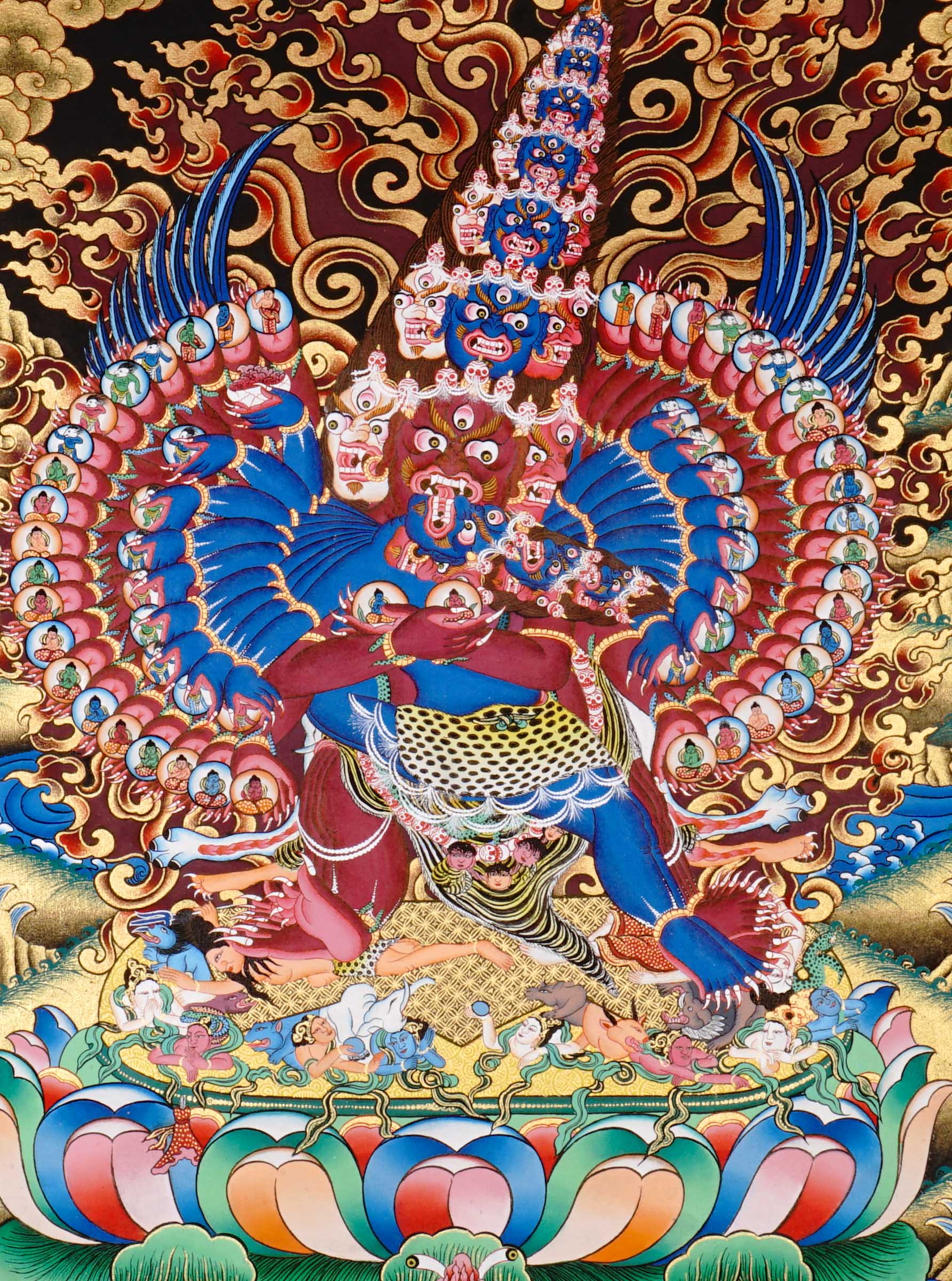 Heruka Thangka painting with multi-faced wrathful deity, flame halo, lotus base, and Tibetan Buddhist tantric symbolism