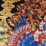Heruka Thangka painting with multi-faced wrathful deity, flame halo, lotus base, and Tibetan Buddhist tantric symbolism