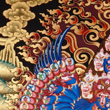 Heruka Thangka painting with multi-faced wrathful deity, flame halo, lotus base, and Tibetan Buddhist tantric symbolism