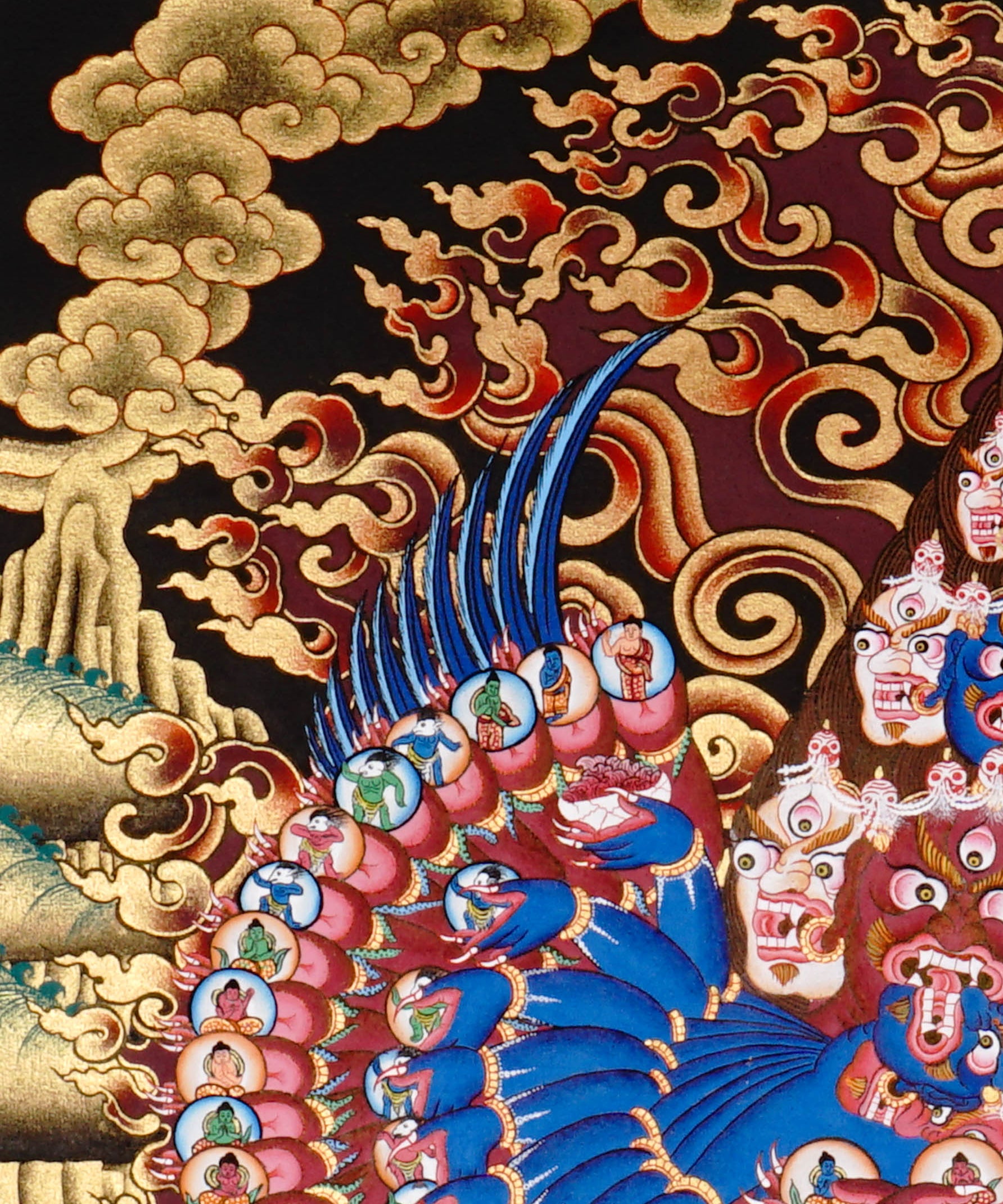 Heruka Thangka painting with multi-faced wrathful deity, flame halo, lotus base, and Tibetan Buddhist tantric symbolism