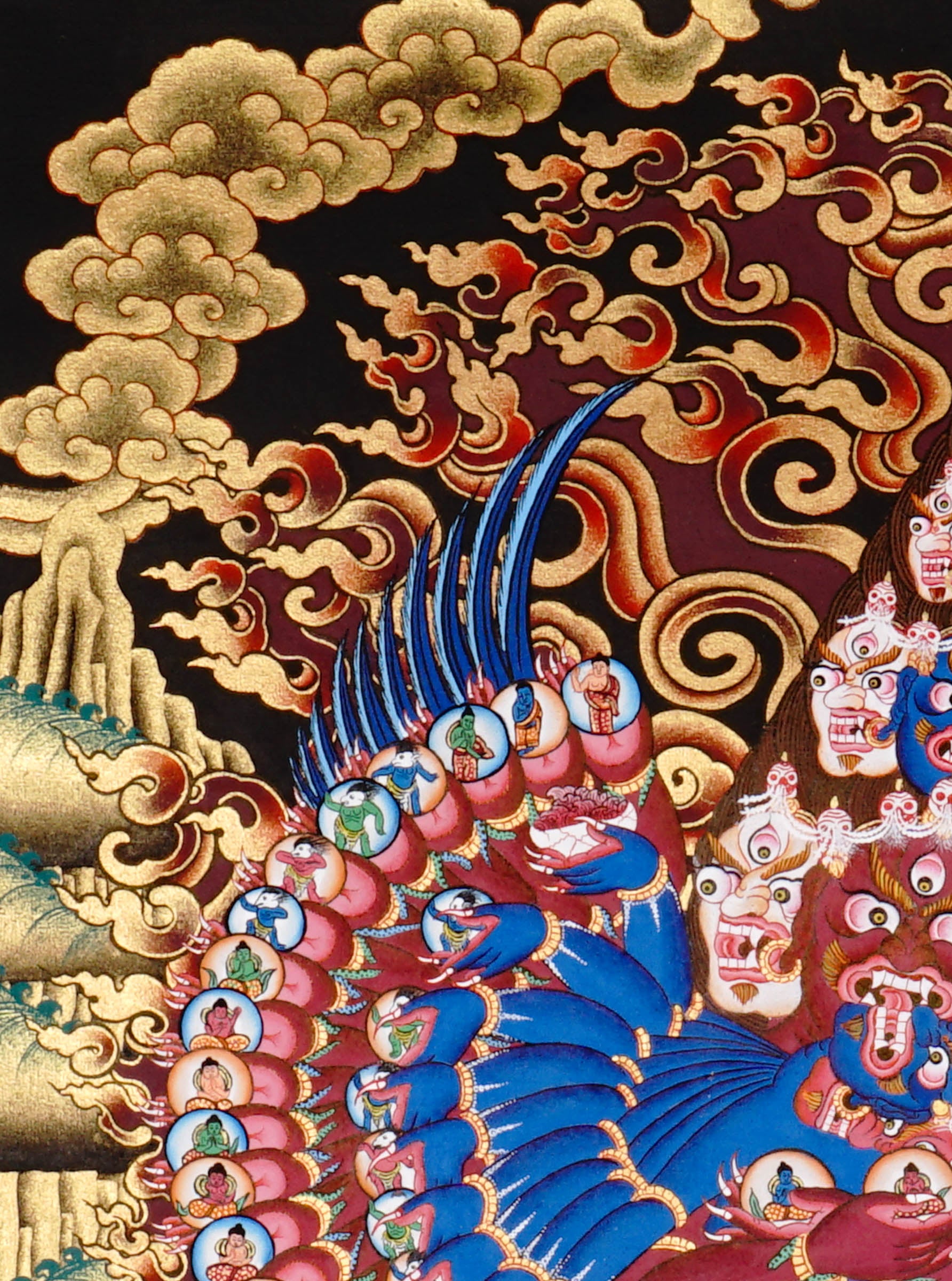 Heruka Thangka painting with multi-faced wrathful deity, flame halo, lotus base, and Tibetan Buddhist tantric symbolism